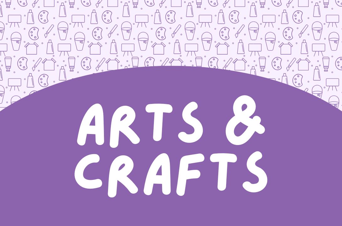Purple background and white bold text that reads 'Arts & Crafts' The top of the image has craf