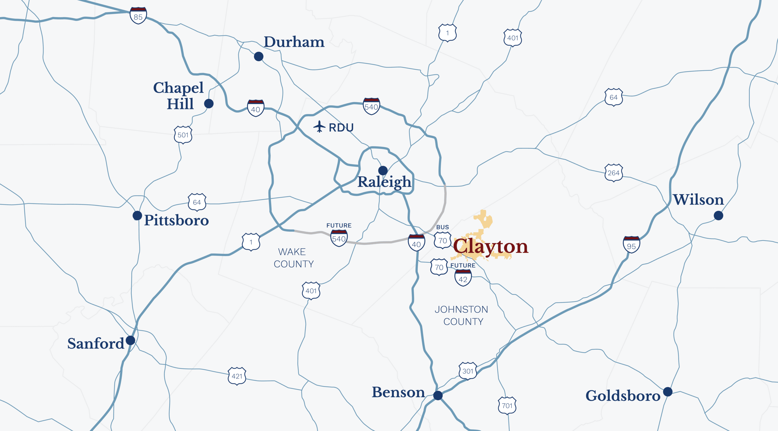 A map showing Clayton's location in relation to Raleigh and a number of highways