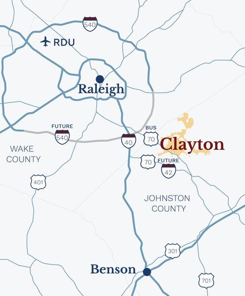 A map showing Clayton's location in relation to Raleigh and a number of highways